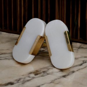 White oval stone brass cabinet knobs