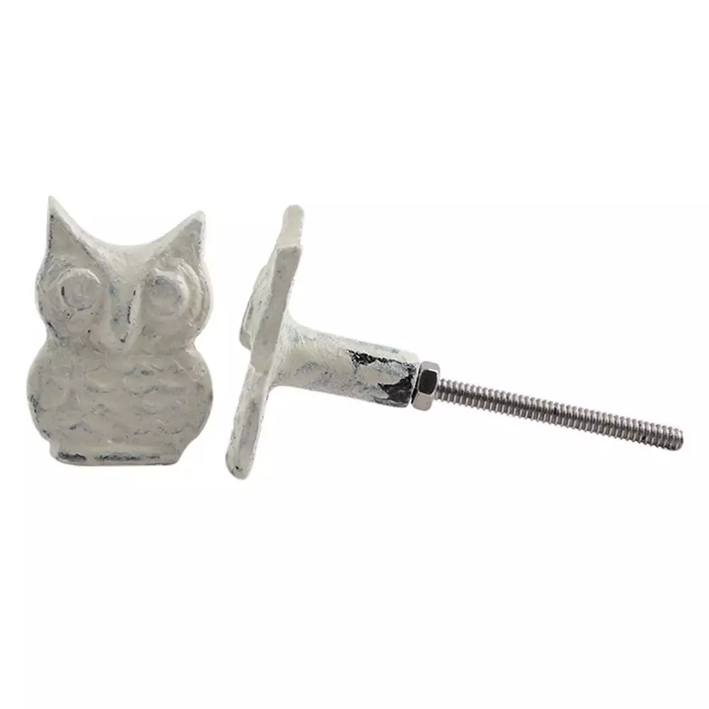 The White Screech Owl Pull Aged Owl Shaped Cabinet Knob