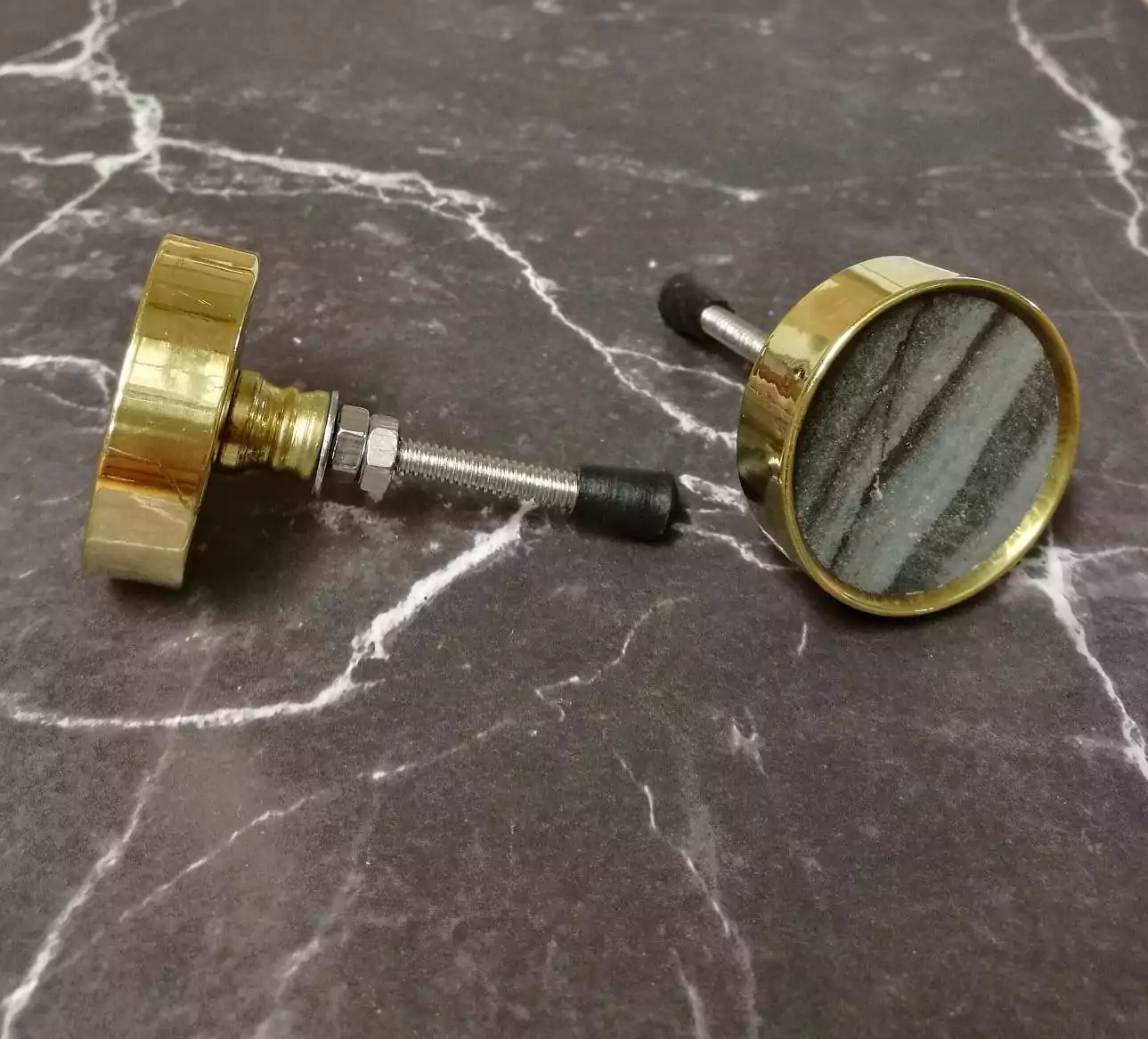 The Slate Brass Surround Marbled Grey Stone Cabinet Knob