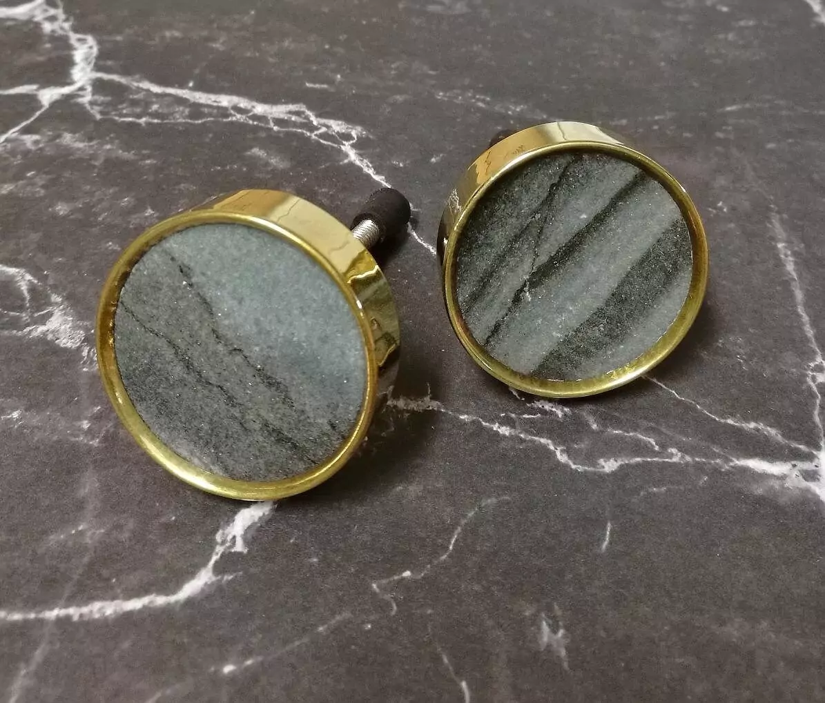 The Slate Brass Surround Marbled Grey Stone Cabinet Knob