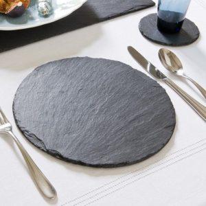 Set of Natural Slate Round Place Mats and Drinks Coasters - Fine Slate Dinner Table Mats & Coasters - 8 Piece Set